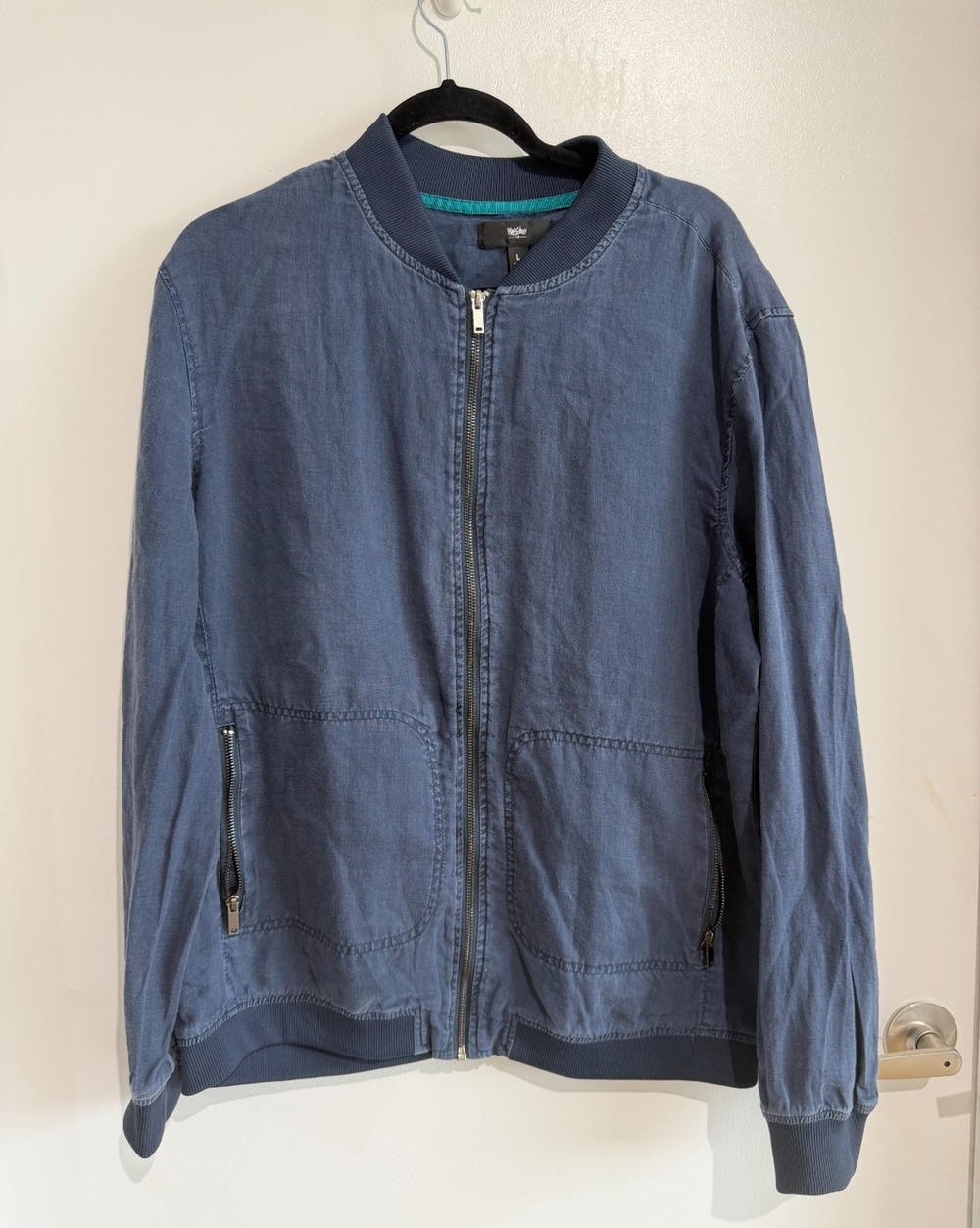 VTG Mossimo Blue Linen Bomber Jacket Naturally Distressed Oversized Relaxed Sz-L